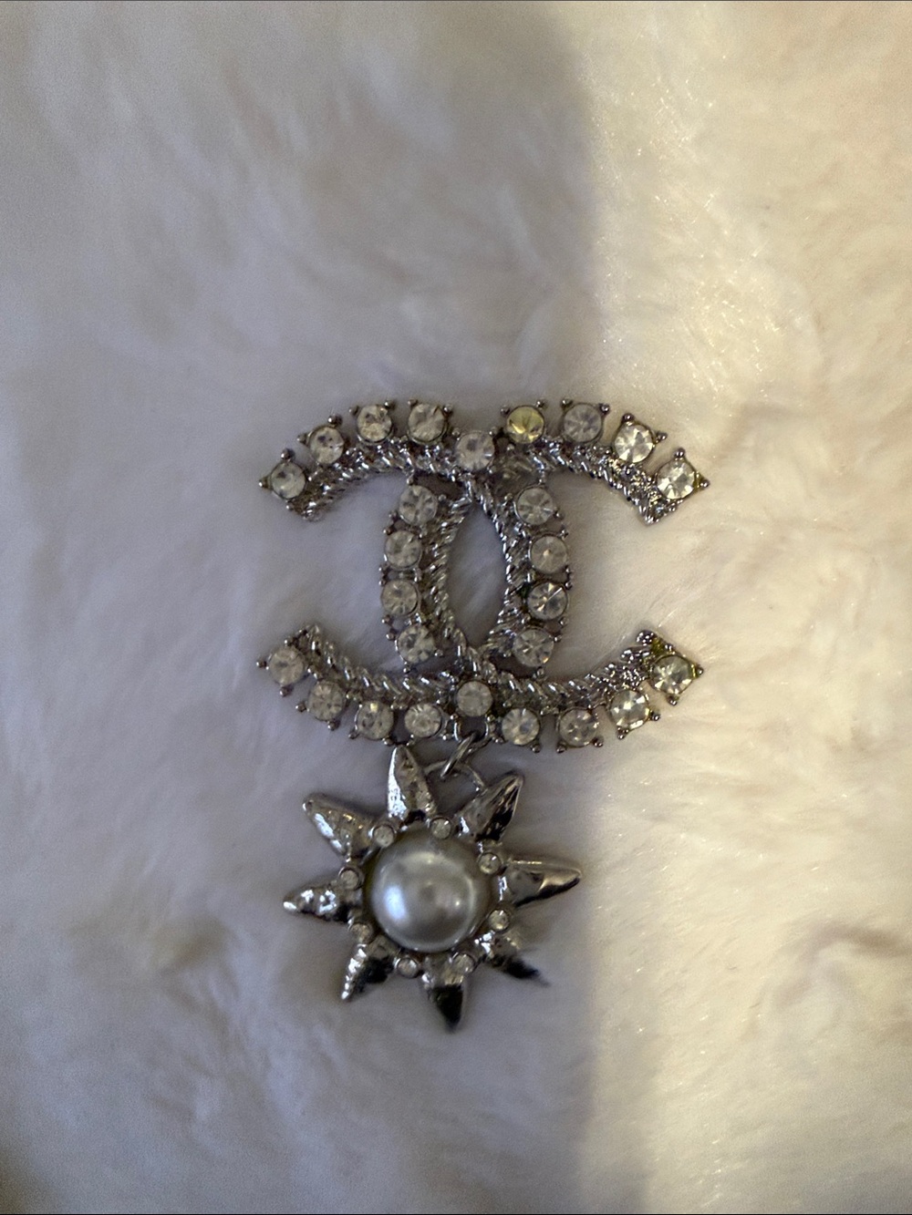 Rhinestone Pearl Sun Charm Silver Tone